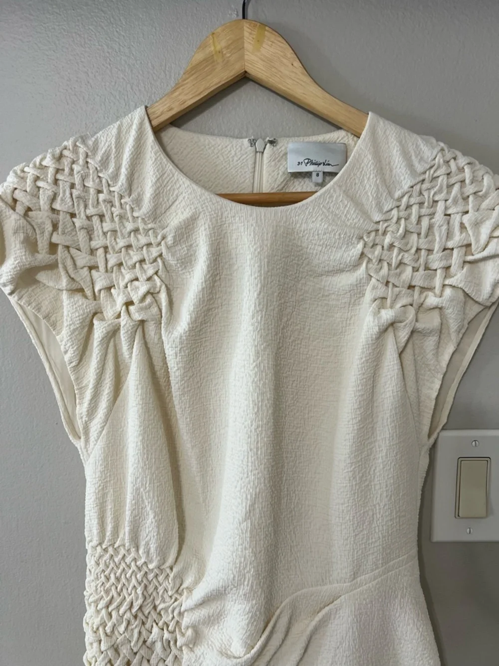 3.1 Phillip Lim Ivory Textured Smocked Dress Size 8 Silk Lined Designer Mini